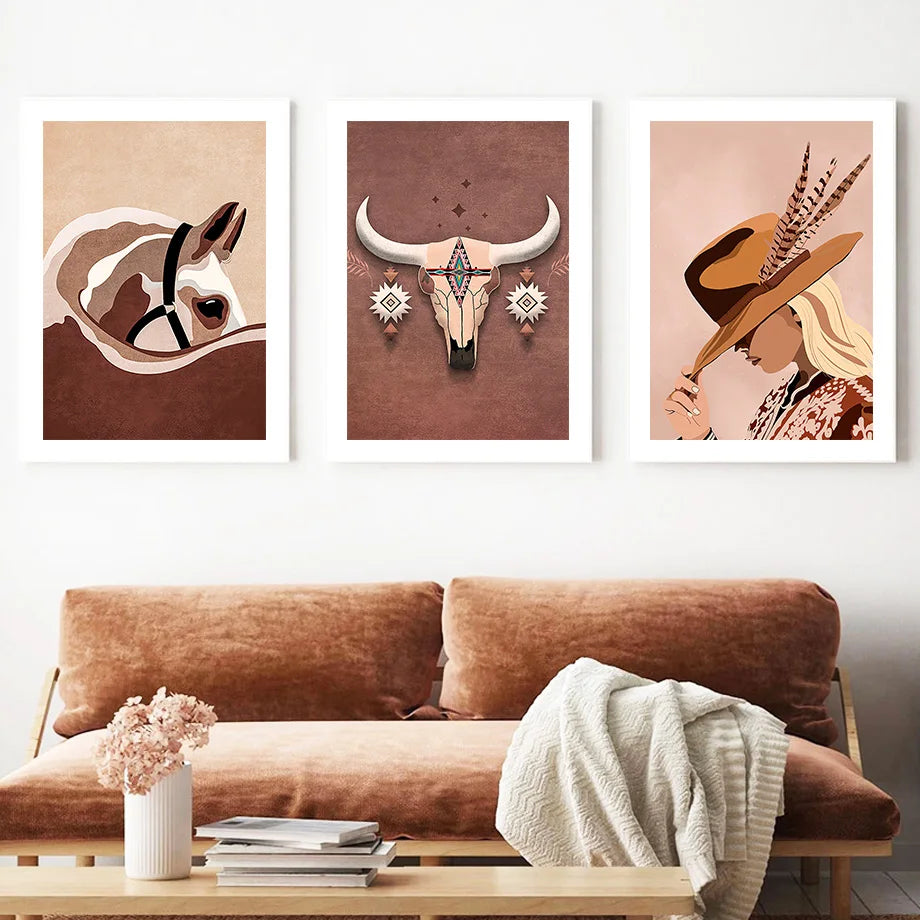 Western Cowboy Girl Horse Feather Wall Art