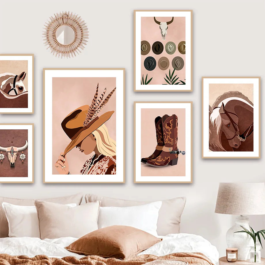 Western Cowboy Girl Horse Feather Wall Art