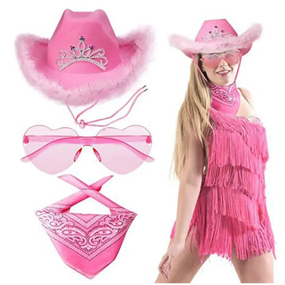 Western Pink Cowgirl Fluffy Cowboy Glitter Hat